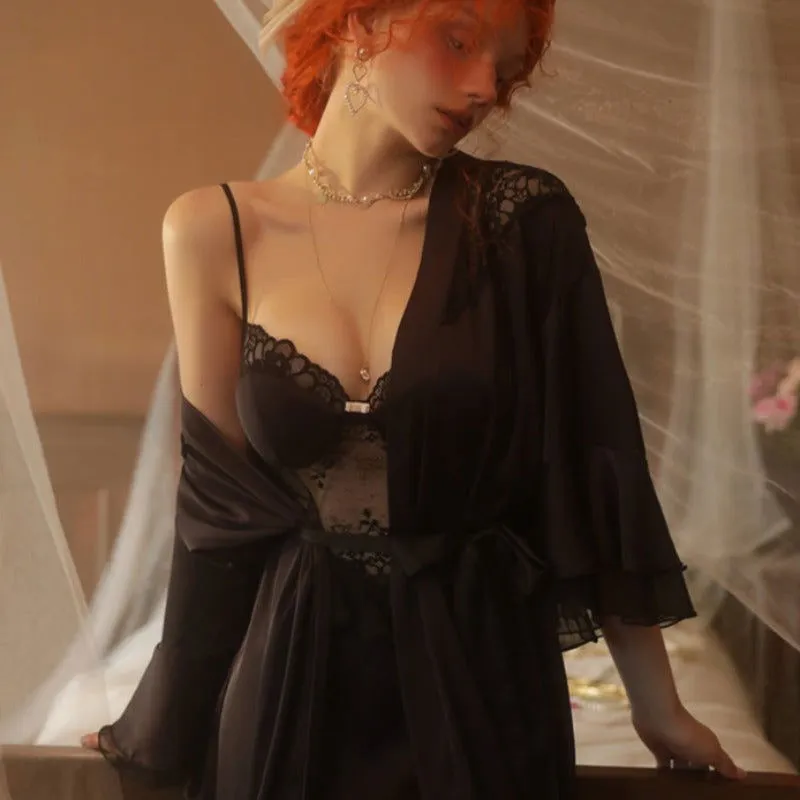 Black Sexy Elegant See through Nightdress with Robe