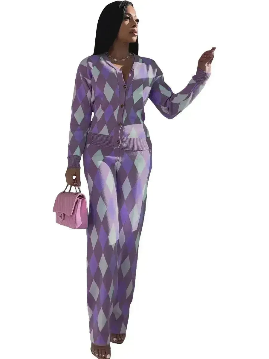 Chic Women Knit Two-Piece Geometric Pants Set