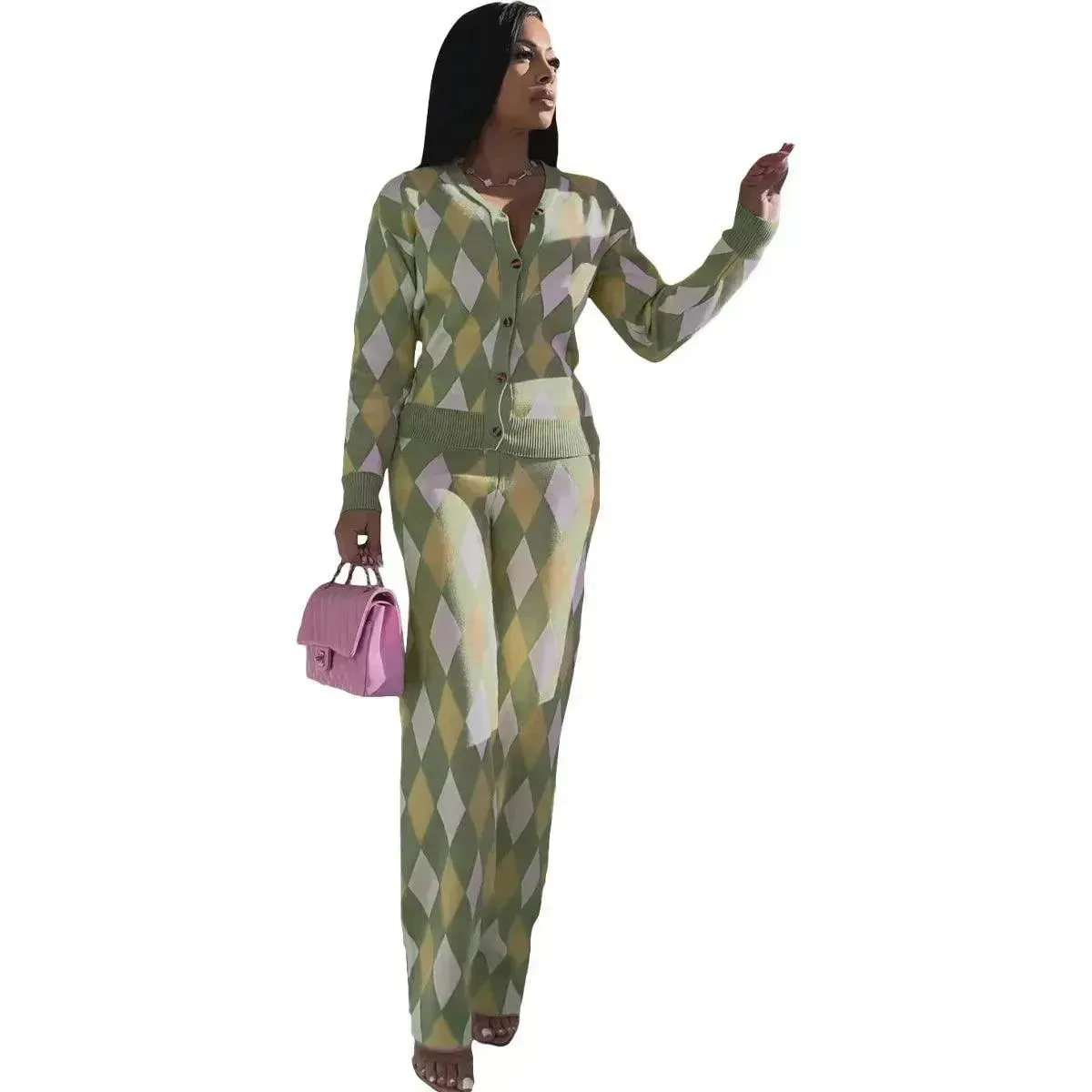 Chic Women Knit Two-Piece Geometric Pants Set