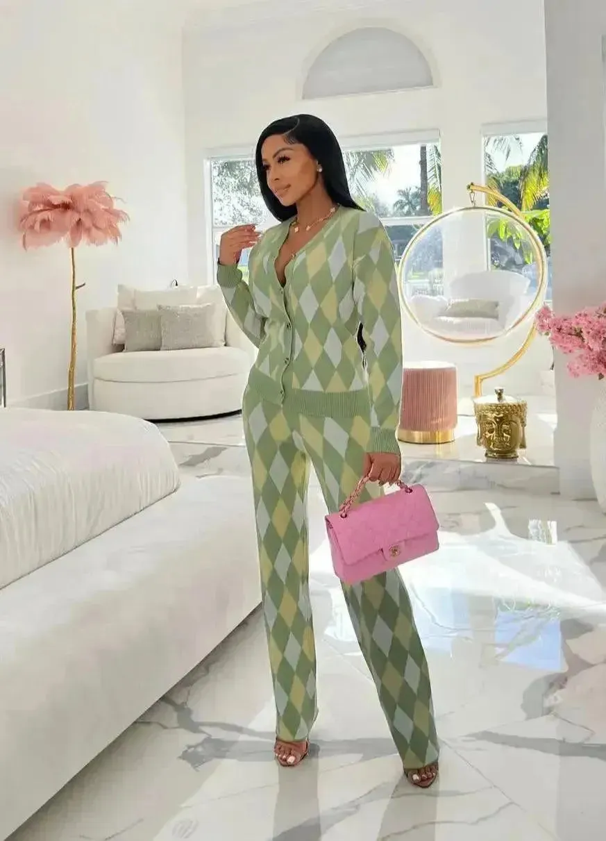 Chic Women Knit Two-Piece Geometric Pants Set