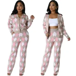 Chic Women Knit Two-Piece Geometric Pants Set