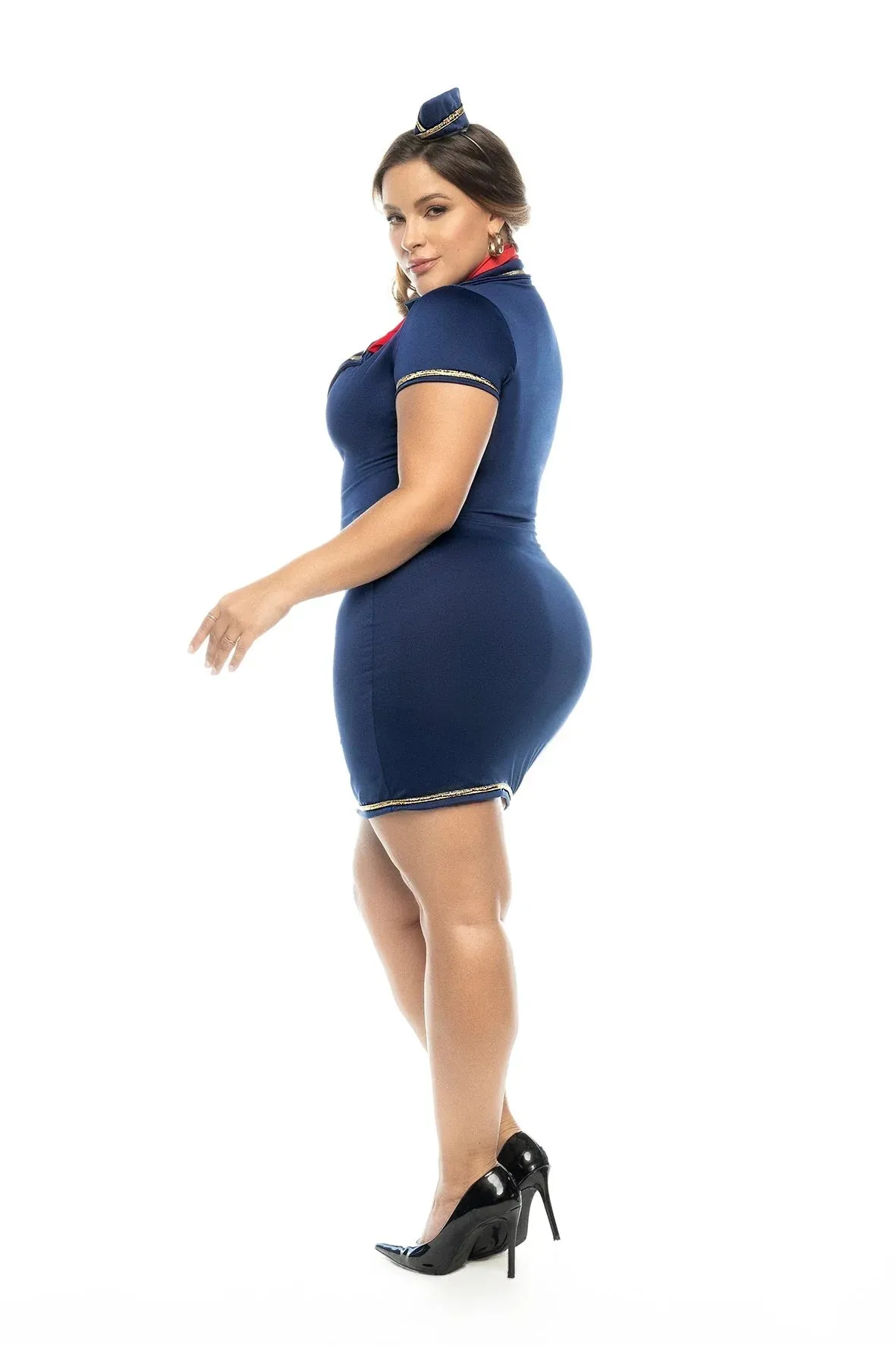 Mapale Queen Up in the Sky Sexy Flight Attendant Stewardess Costume Blue/Gold