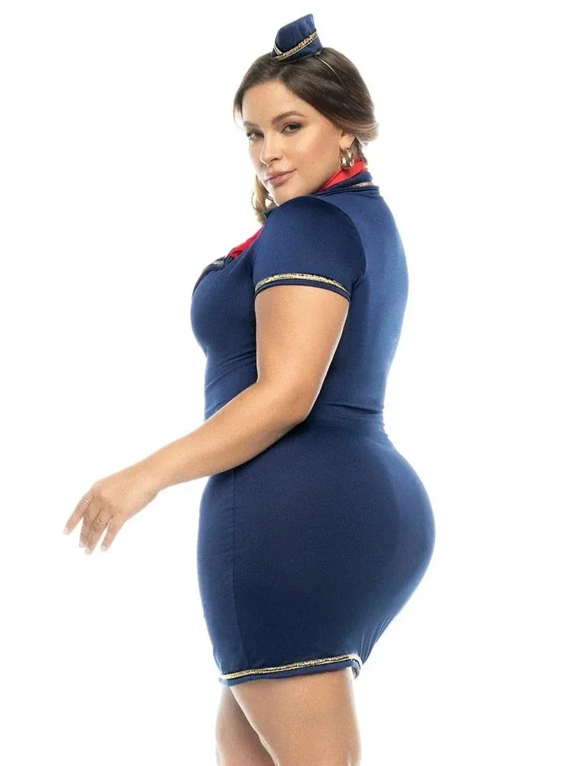 Mapale Queen Up in the Sky Sexy Flight Attendant Stewardess Costume Blue/Gold