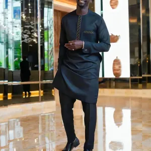 Men Polished Black Satin Two-Piece Set