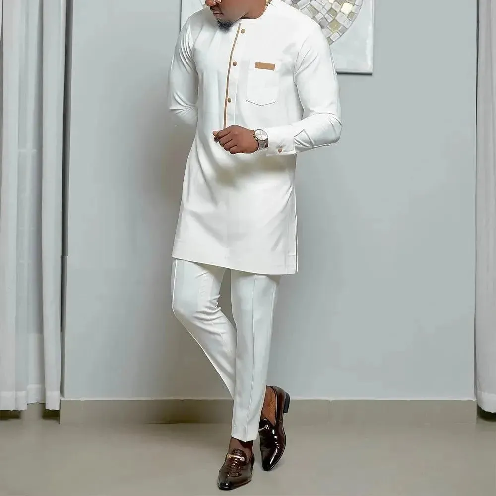 Men Polished Solid Cotton Pants Outfit Set