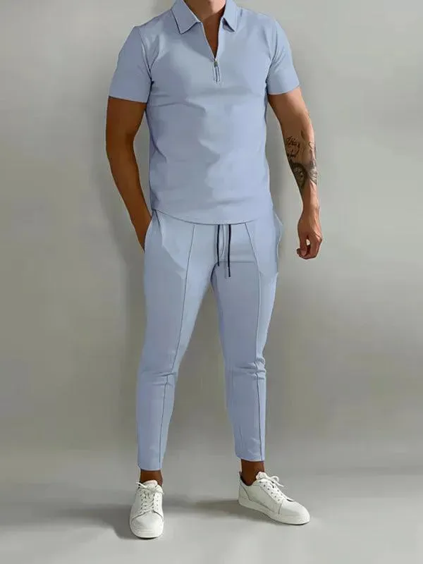 Men Polished Solid Zipper Two-Piece Set
