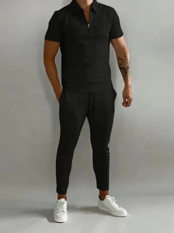 Men Polished Solid Zipper Two-Piece Set