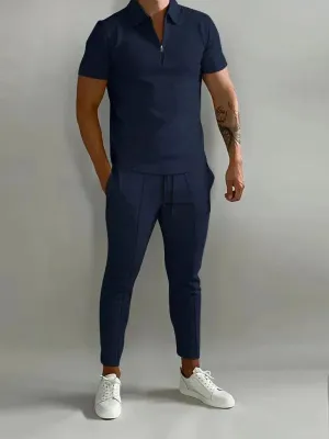 Men Polished Solid Zipper Two-Piece Set
