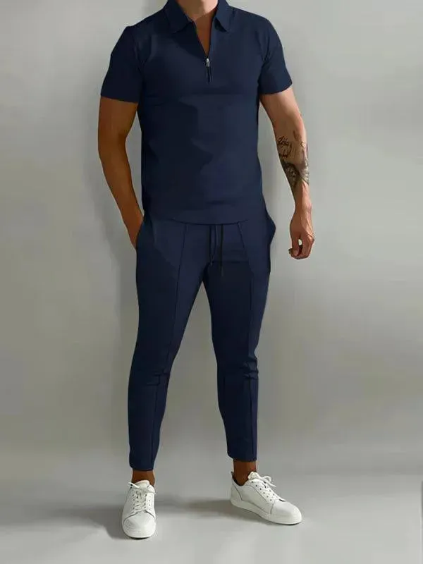 Men Polished Solid Zipper Two-Piece Set