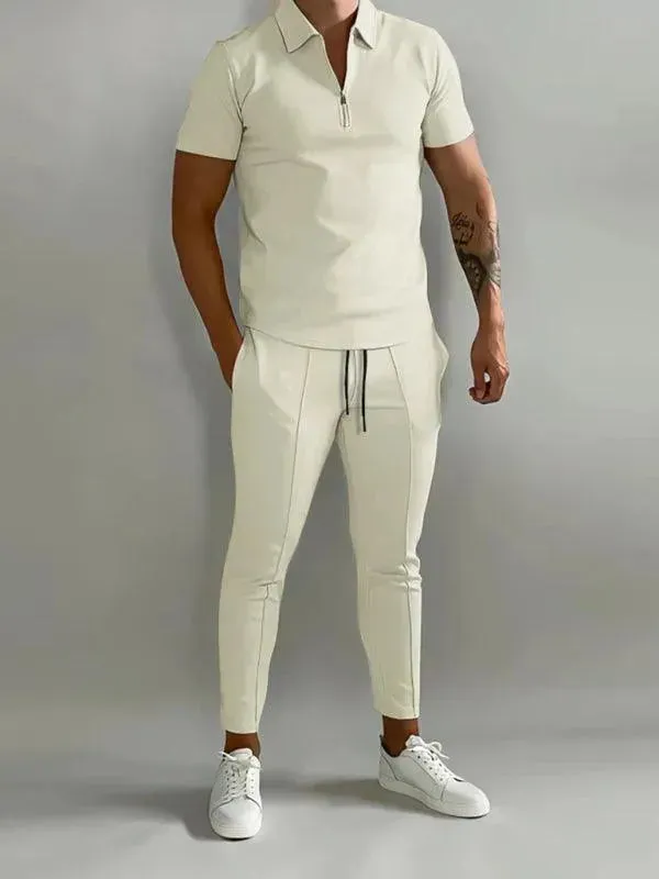 Men Polished Solid Zipper Two-Piece Set