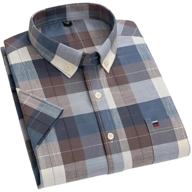 Men's Short Sleeve Plaid Cotton Shirt