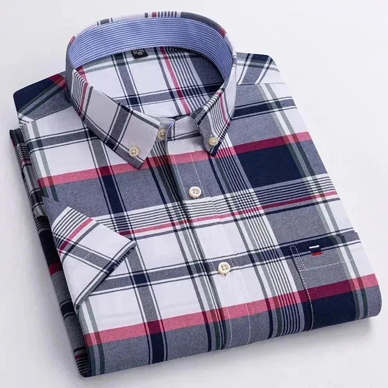 Men's Short Sleeve Plaid Cotton Shirt