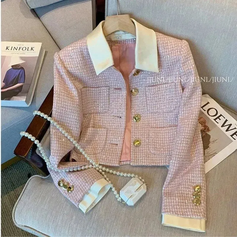 Patchwork Crop Tweed Jacket Women