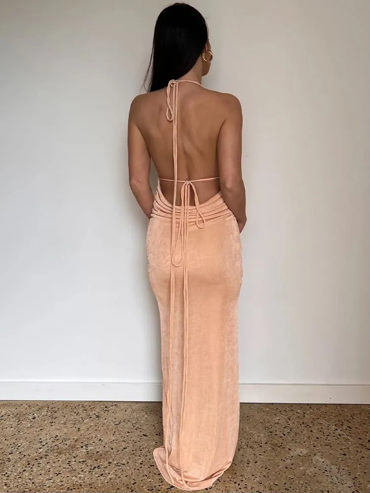 #PB Elegant Backless Draped Maxi Dress