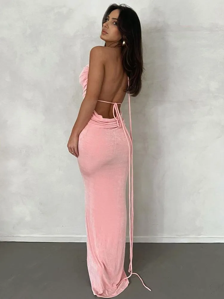 #PB Elegant Backless Draped Maxi Dress