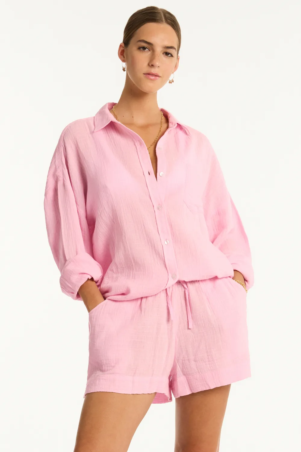 Sunset Cotton Cover Up Shirt in Pink