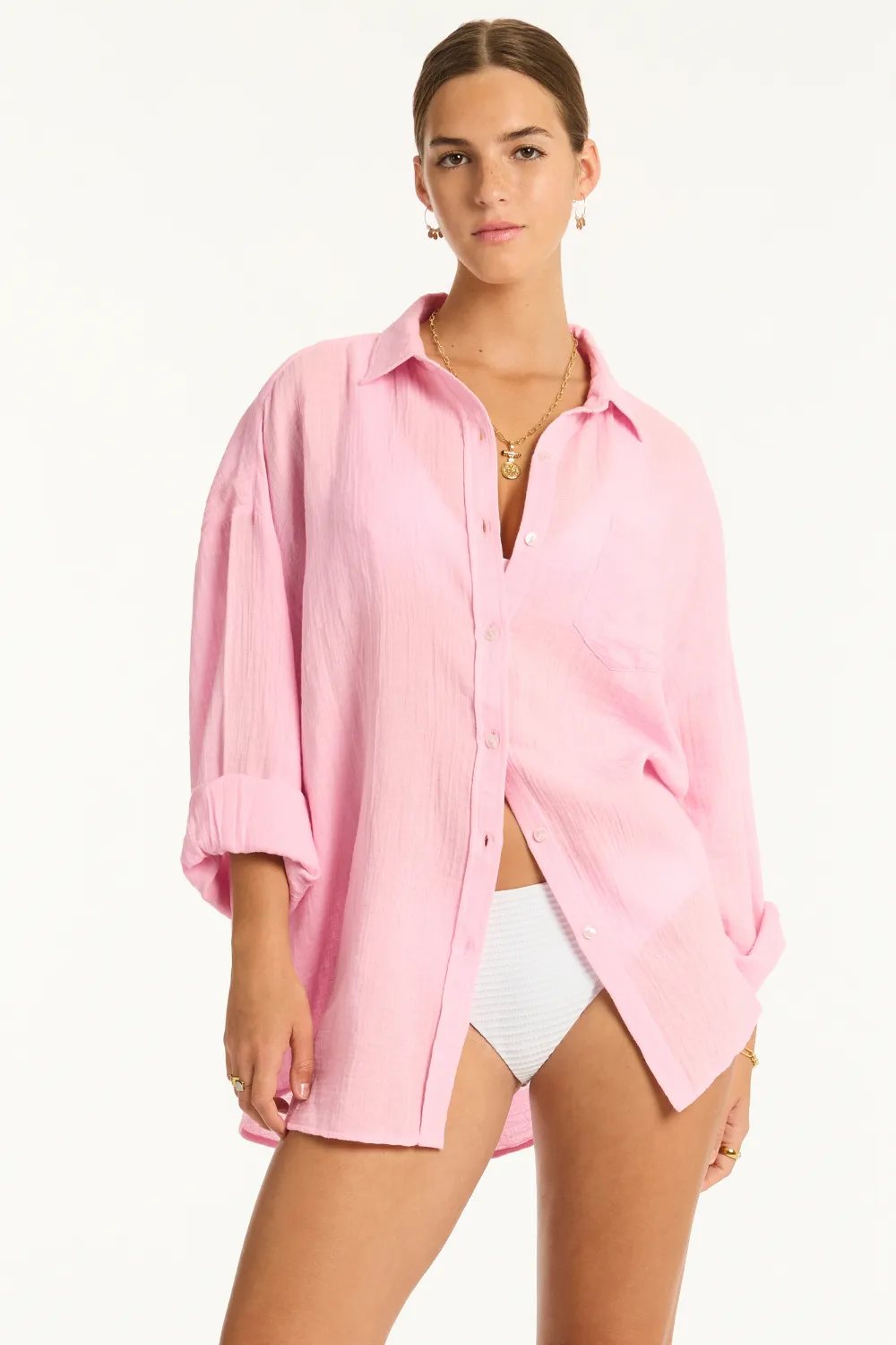 Sunset Cotton Cover Up Shirt in Pink