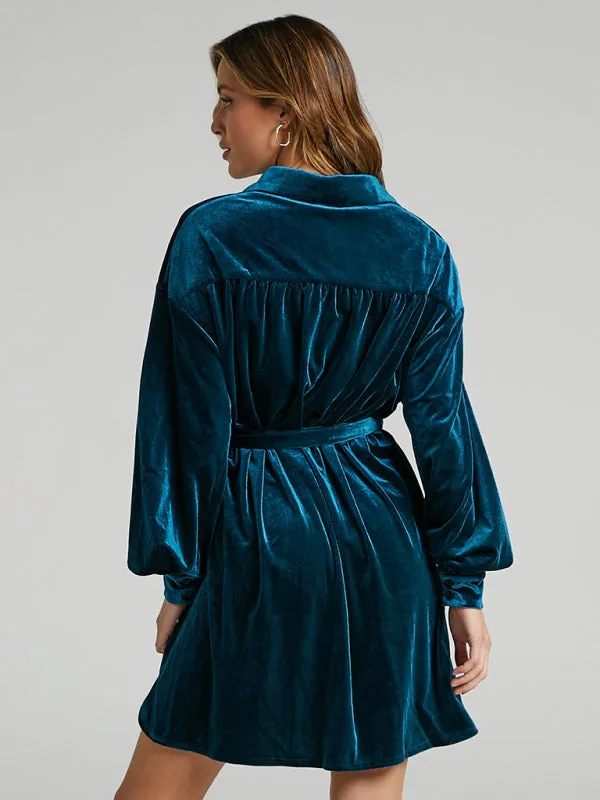 Velvet Shirt Dress - Balloon Sleeves