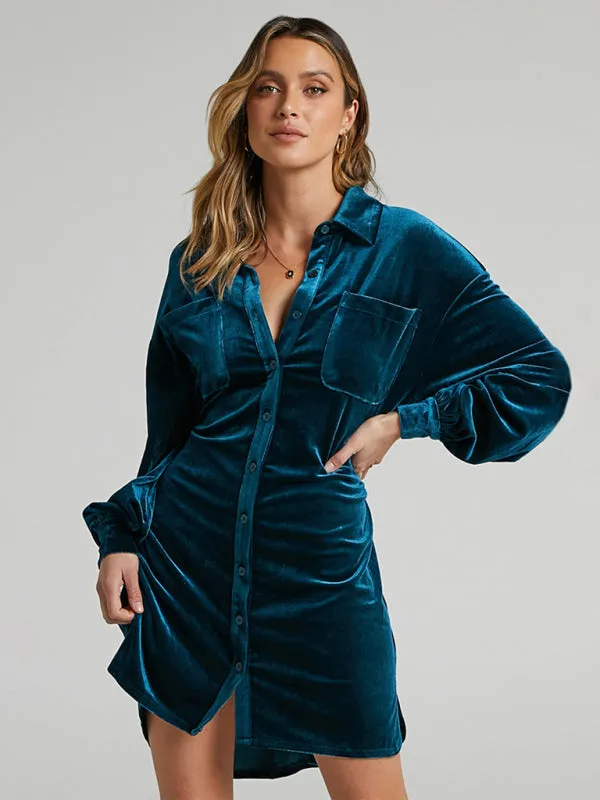 Velvet Shirt Dress - Balloon Sleeves