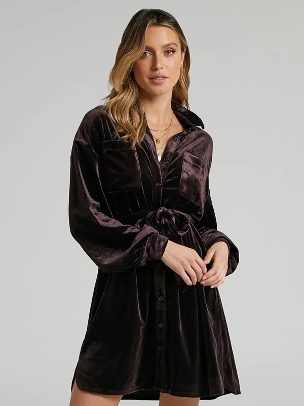 Velvet Shirt Dress - Balloon Sleeves