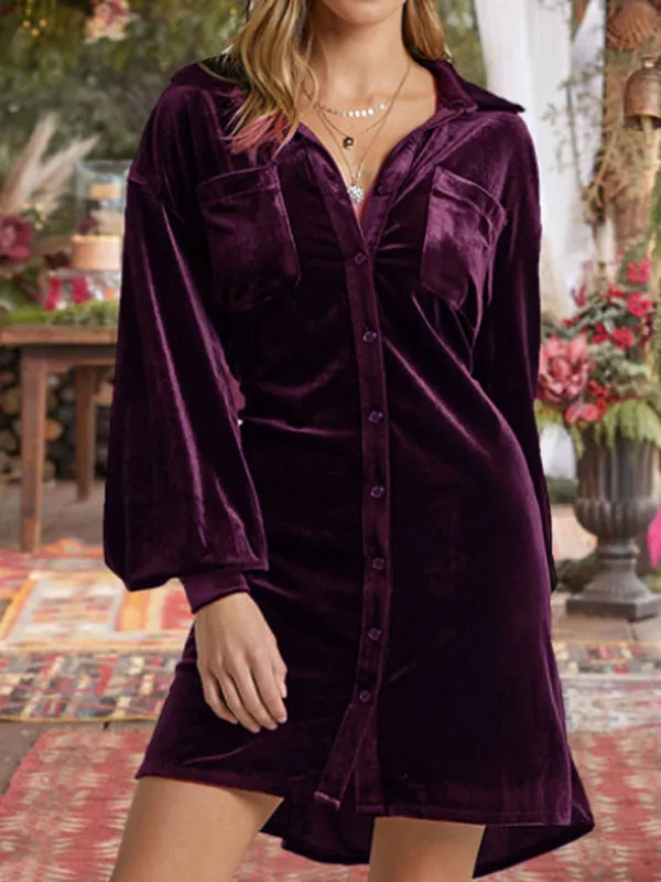 Velvet Shirt Dress - Balloon Sleeves