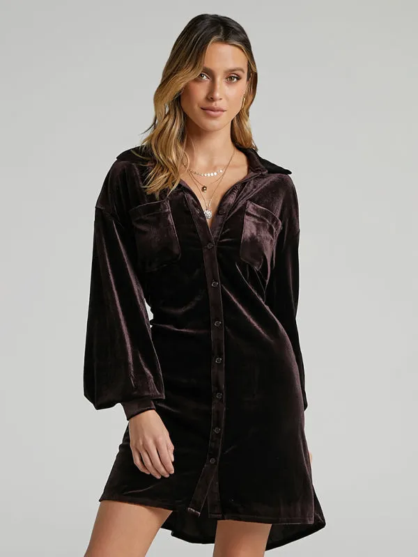 Velvet Shirt Dress - Balloon Sleeves