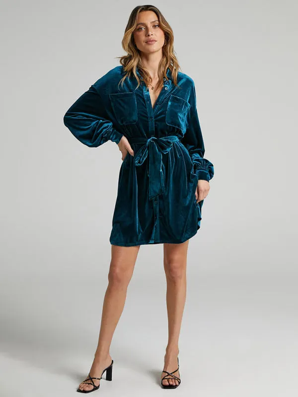 Velvet Shirt Dress - Balloon Sleeves