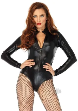 Wet look high neck  romper Black Medium