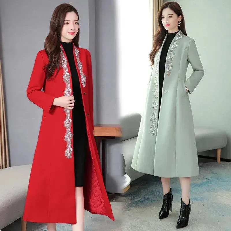 Women Embroidered Woolen Overcoat