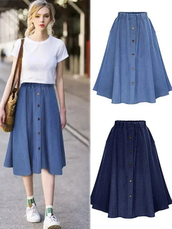 Women High Waist Midi Denim Skirt